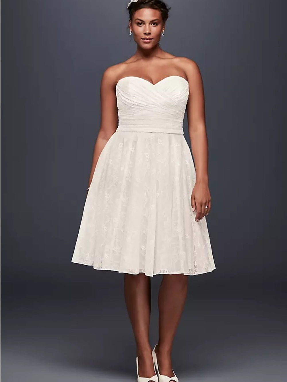 David's Bridal Strapless Sweetheart Lace Tea-Length Dress in Ivory